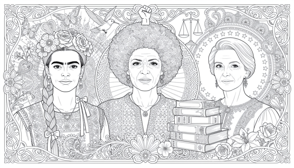 Uma página de mandala retangular paisagem para colorir com Frida Kahlo, Angela Davis e Simone Veil e padrões decorativos intricados.