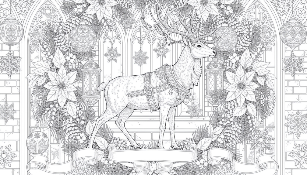 En detaljerad målarbok för jul med en majestätisk ren omgiven av en utarbetad viktoriansk krans och gotiska fönster.