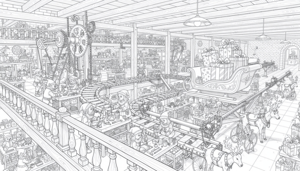 An intricate aerial view coloring page of Santa's complete toy factory with thousands of elves crafting toys and loading the sleigh with presents.