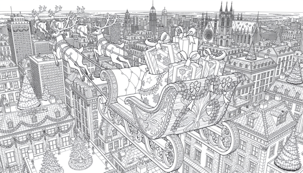 Santa's sleigh pulled by reindeer flying over a decorated Christmas city with children watching from below.