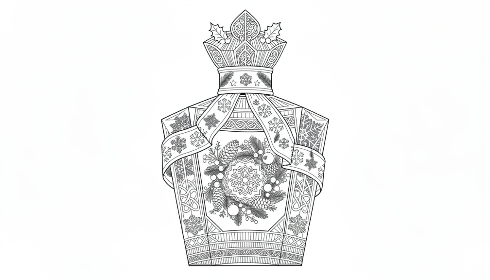 Une élégante page de coloriage représentant un flacon de parfum pentagonal moderne orné de décorations de Noël complexes et de détails botaniques Art Déco.