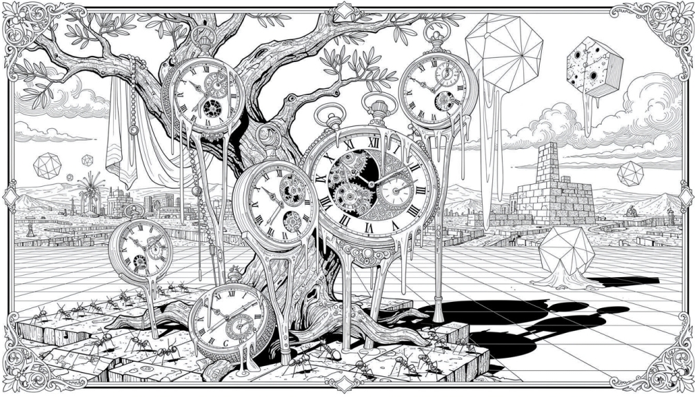 En surrealistisk målarbok inspirerad av Salvador Dalís smältande klockor visar intrikata barocka tidmätare draperade över knotiga olivkvistar inom en utsmyckad dekorativ ram.