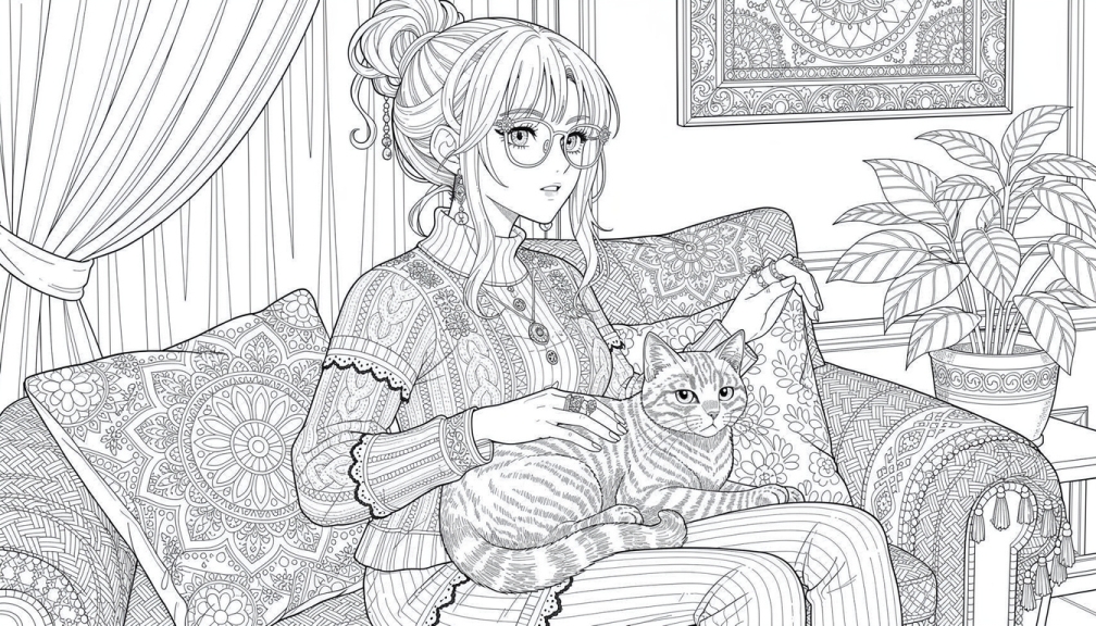 メガネをかけて乱れたお団子ヘアの若い女性が、膝の上で休んでいる縞模様のトラ猫を優しく撫でている、精巧なアニメスタイルの塗り絵ページです。