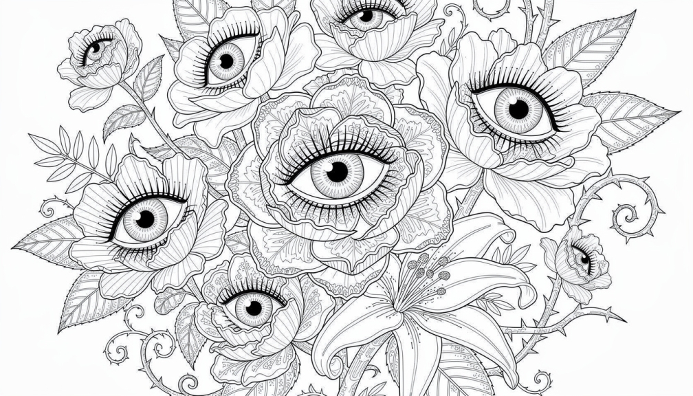 En indviklet surrealistisk botanisk farvelægningsside med detaljerede blomster med realistiske menneskelige øjenæbler som centre og kronblade.