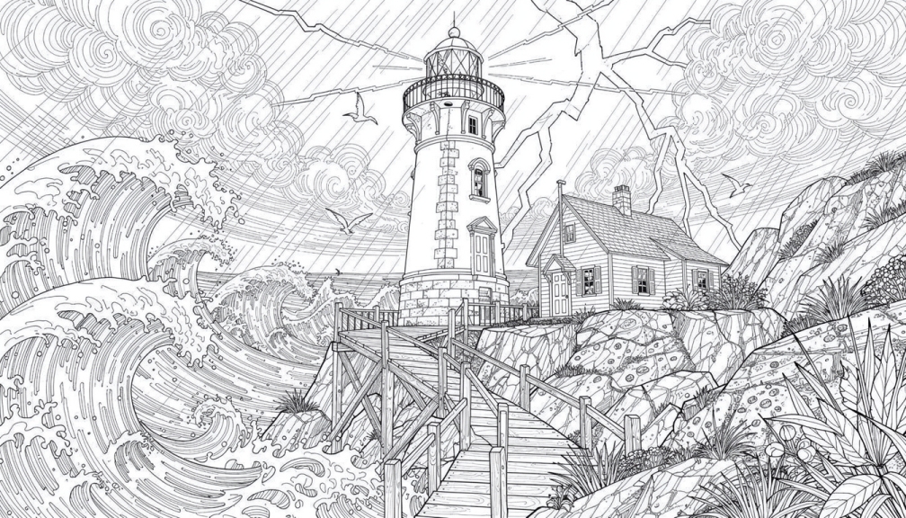 A Victorian lighthouse stands firm as massive stylized waves crash against wooden pier and rocky cliffs.