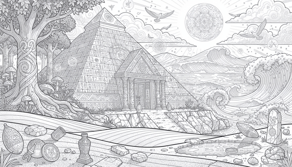 装飾された入口を持つエジプトのピラミッドが、打ち寄せる波と神秘的な森の間に立っています。