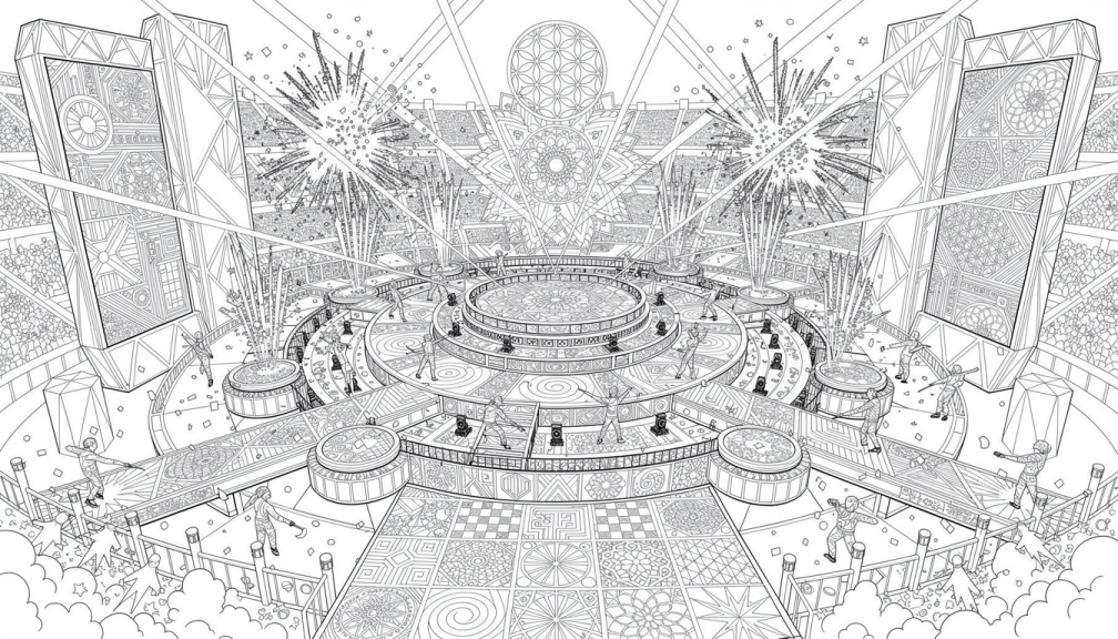 A Super Bowl halftime show explodes with geometric LED screens, laser beams, and pyrotechnic bursts.