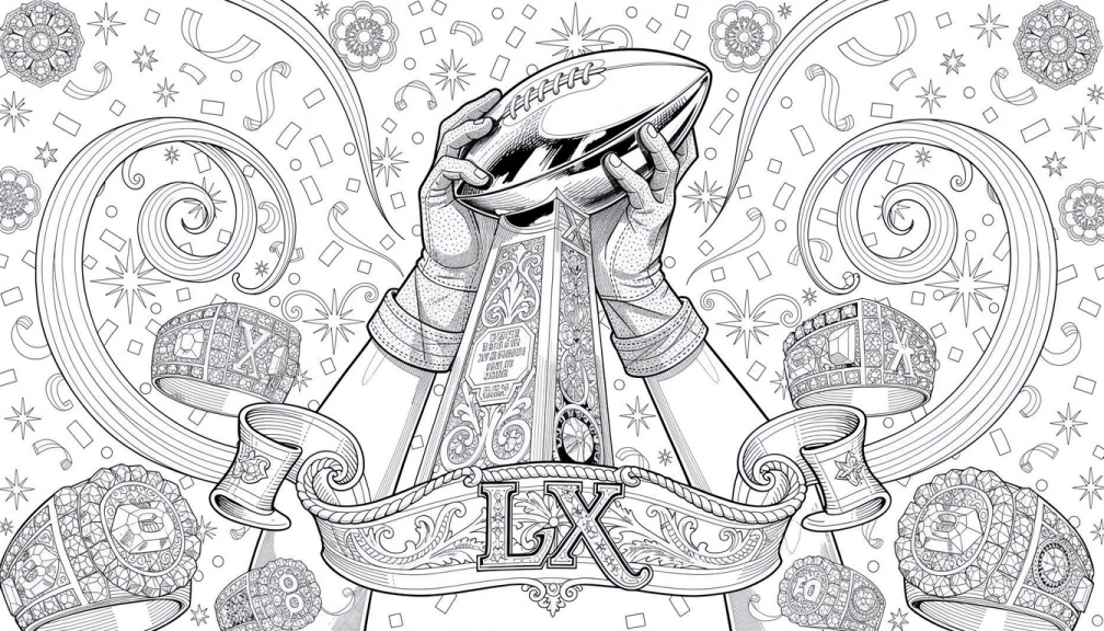 Gloved hands triumphantly raise the Vince Lombardi Trophy amid swirling confetti and championship rings.