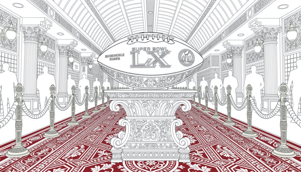 The official Super Bowl LX emblem hovers above a grand stadium tunnel entrance.