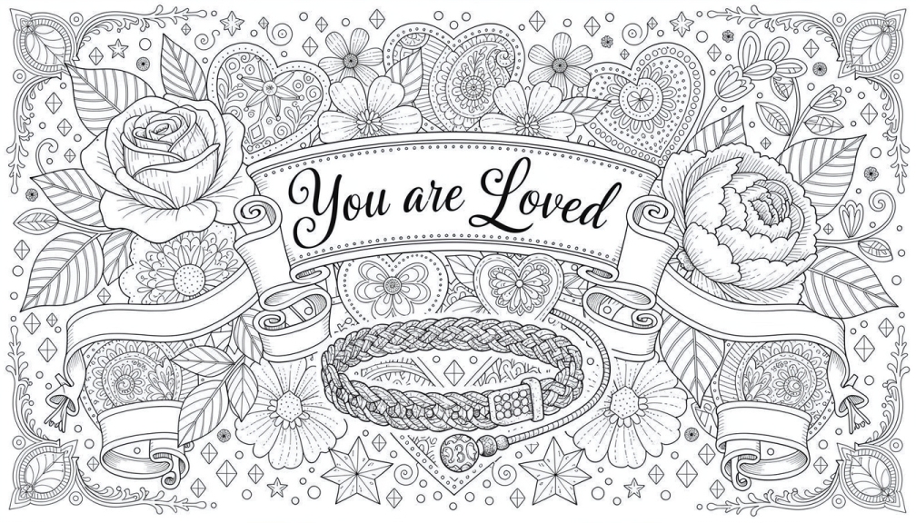 A Valentine banner reading 'You are Loved' sits among roses, hearts, and ribbons.