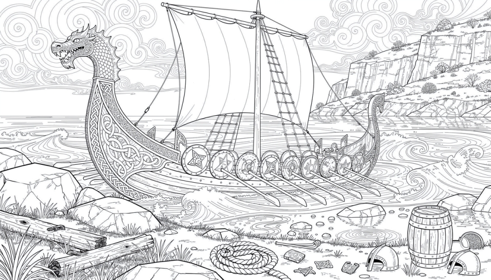 A Viking longship with carved dragon prow rests in Celtic-spiral waters near a rocky shore.