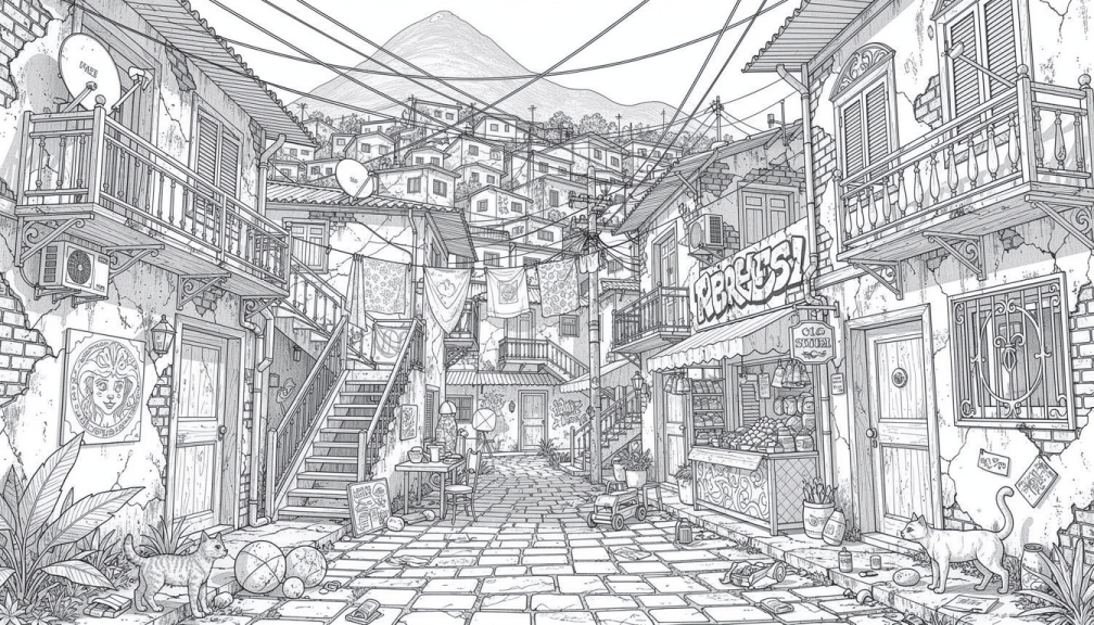 A narrow alleyway winds uphill between weathered buildings with arched doorways and Arabic signs.