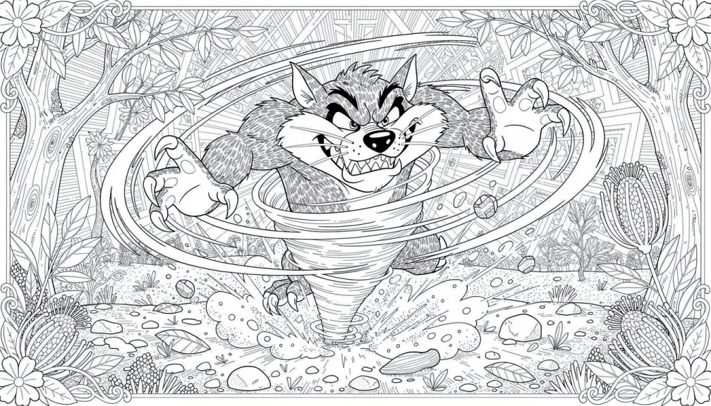 A wild Tasmanian Devil spins in a chaotic tornado, clutching a chicken and bottle.