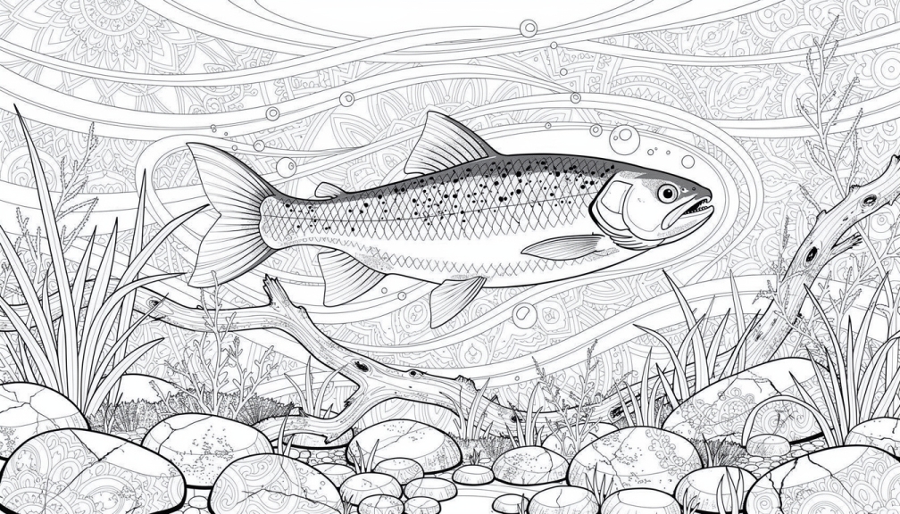An Arctic char glides through decorative river currents filled with ornamental swirls and riverside vegetation.