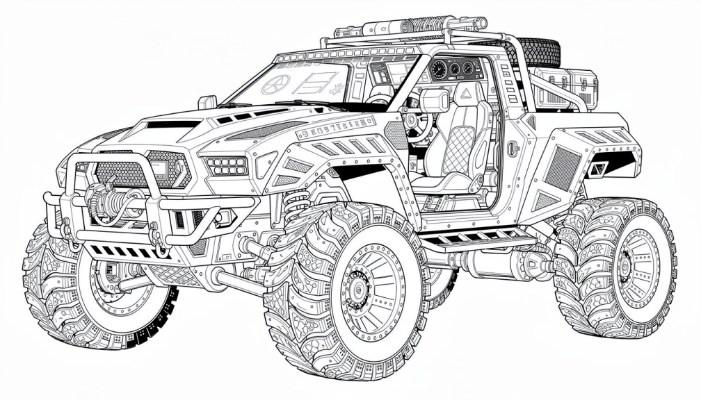 A futuristic four-wheel pickup truck built for alien terrain exploration.