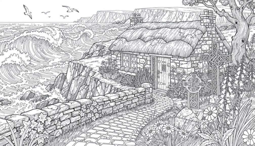 A stone cottage with Celtic details overlooks churning ocean waves on Ireland's rugged coast.