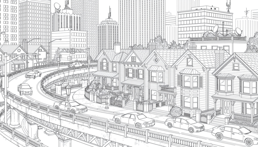 An elevated highway curves through a dense city with Victorian houses and towering skyscrapers.