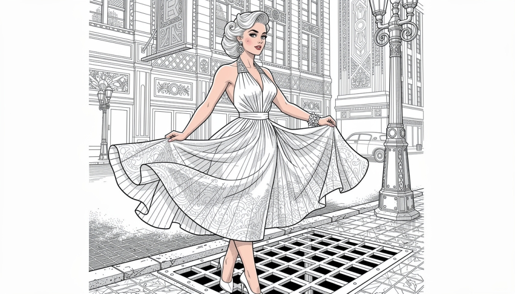 Marilyn Monroe stoi nad kratką metra w słynnej scenie z powiewającą sukienką.
