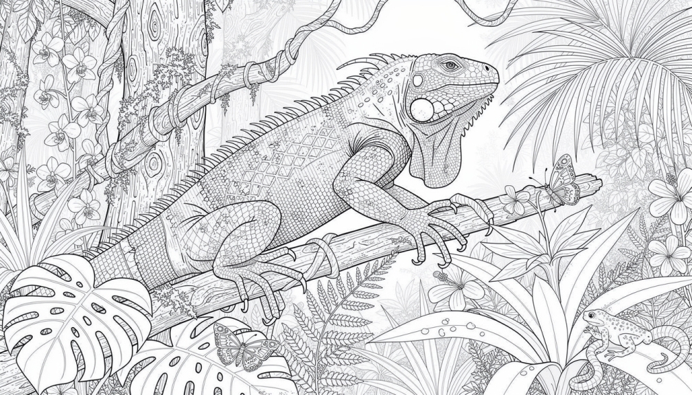An iguana grips a rainforest branch surrounded by monstera leaves and tropical flowers.