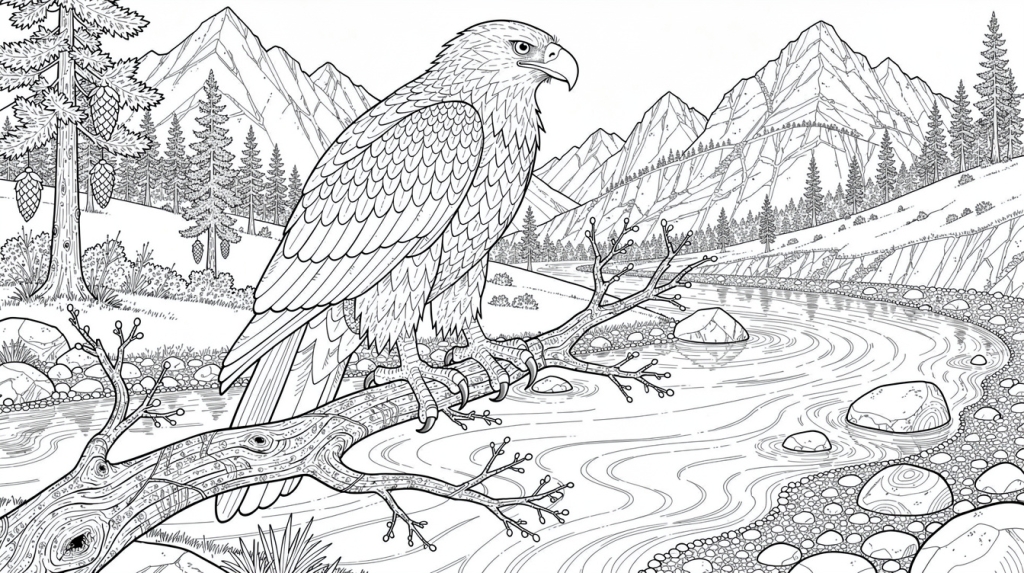 A golden eagle rests on a weathered log above a mountain stream, surrounded by pine forest and distant peaks.