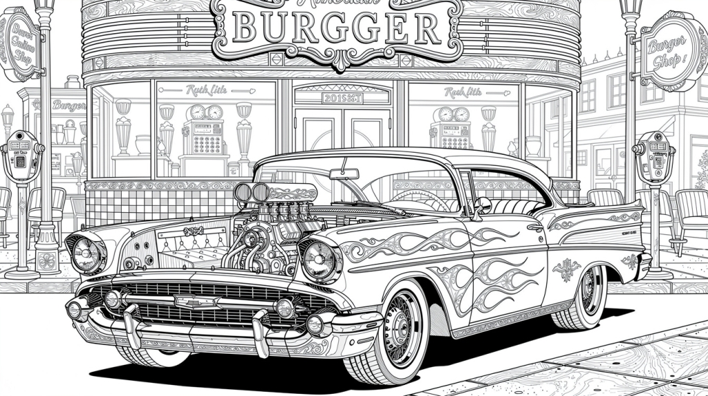 A classic '57 Chevy with flames sits outside a vintage burger joint called BURGGER.
