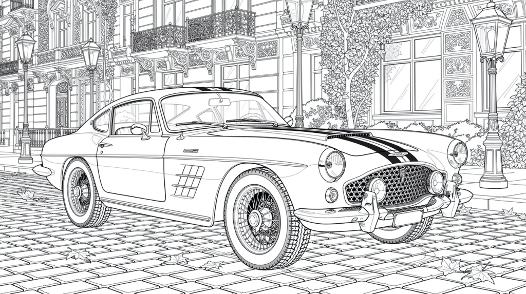 A sleek 1960s European sports car cruises through a vintage city street lined with ornate Victorian buildings.