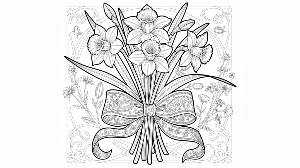 Cinq jonquilles épanouies nouées d'un ruban à motifs dans un cadre Art Nouveau.