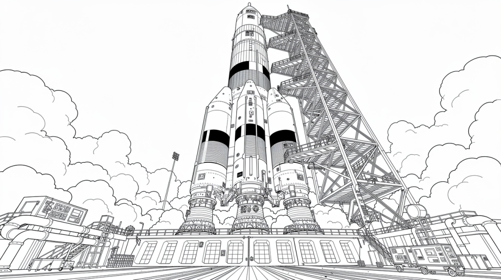 A Saturn V rocket towers over its launch pad, surrounded by billowing vapor clouds.