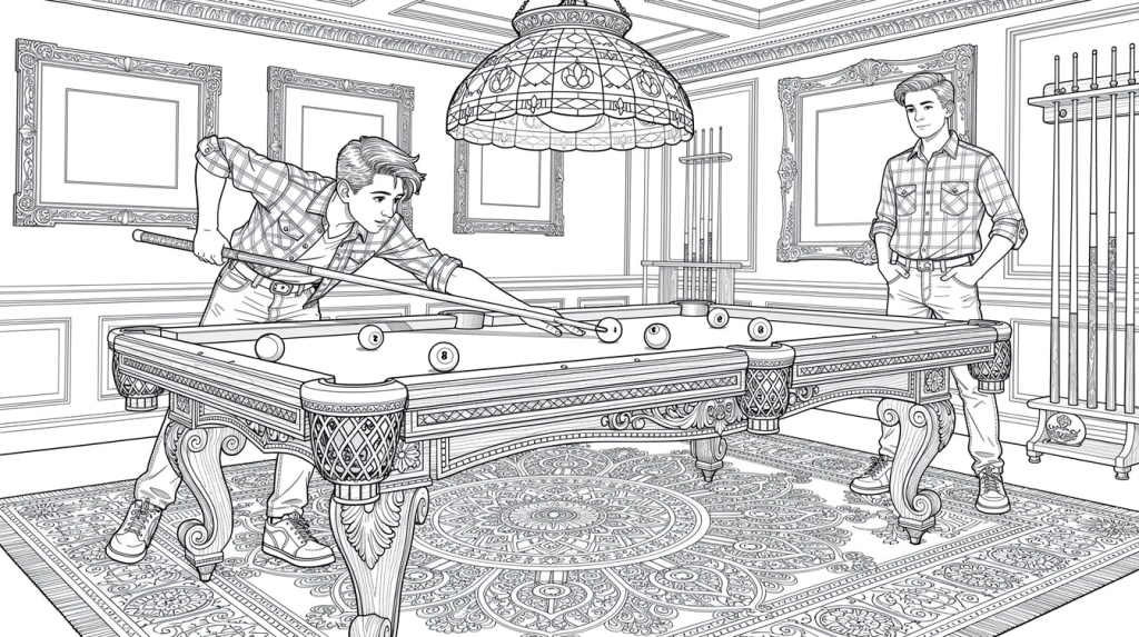 Two teenage boys compete at a billiard table in a Victorian-style game room.