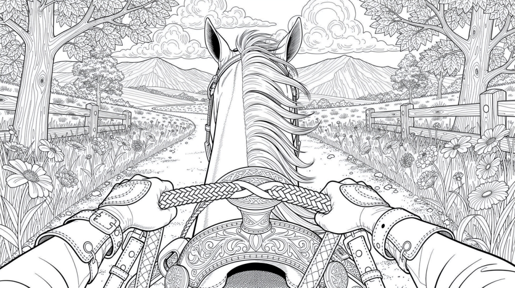 Riding through a mountain trail from the saddle, reins in hand and horse ears forward.