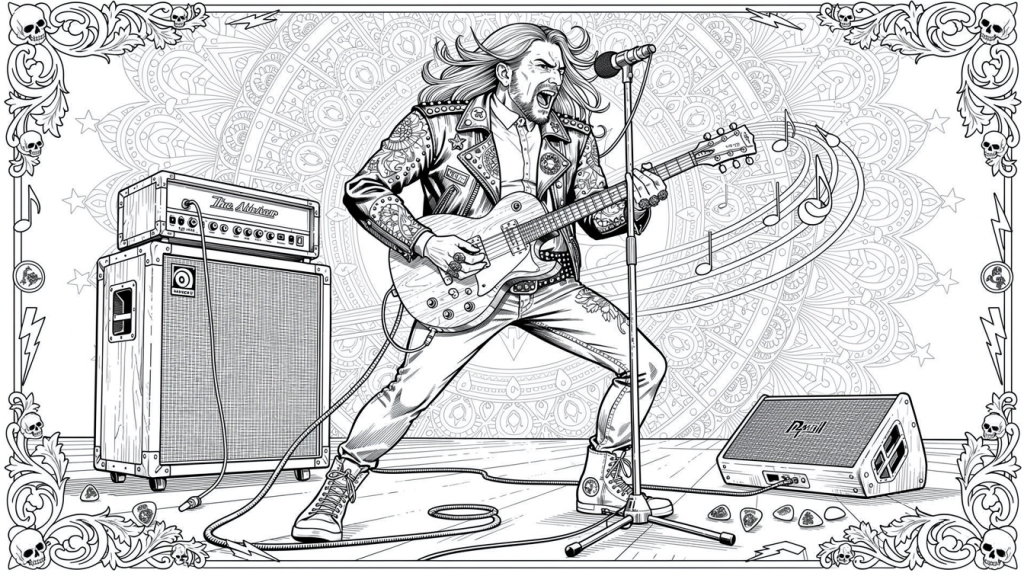 A long-haired rock guitarist strikes a power stance on stage, surrounded by amps and vintage gear.