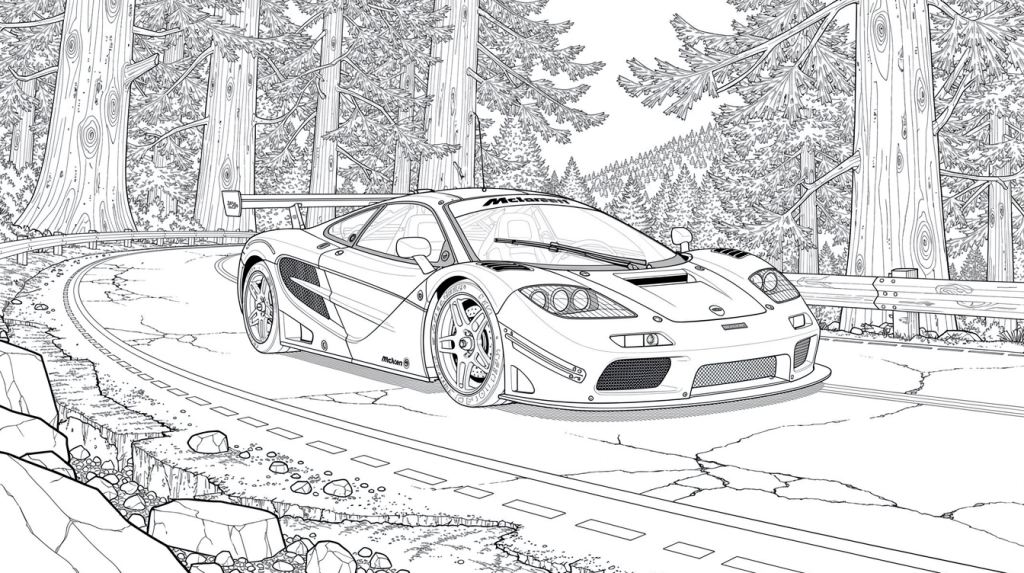A McLaren F1 GTR speeds along a mountain road framed by towering Washington cedar trees.