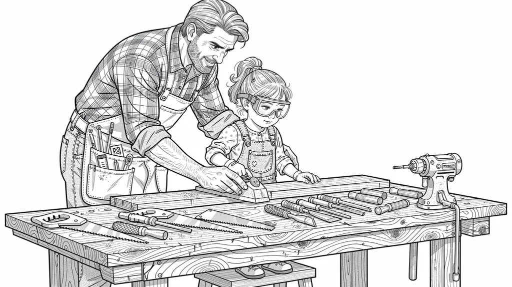 A father guides his daughter's hands as she learns to plane wood at their workshop bench.