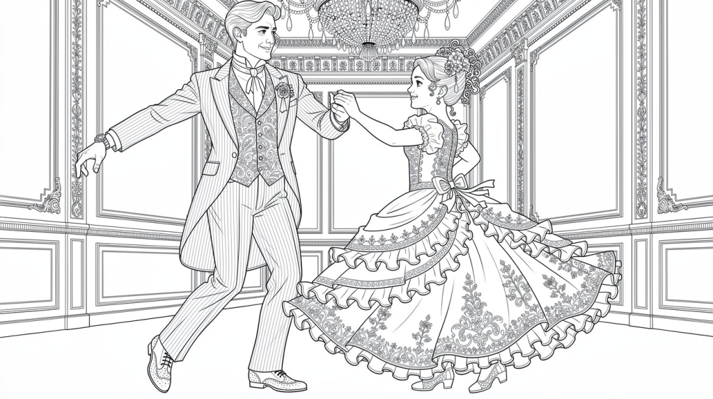 A man in a formal tailcoat twirls a young girl across an elegant ballroom floor.