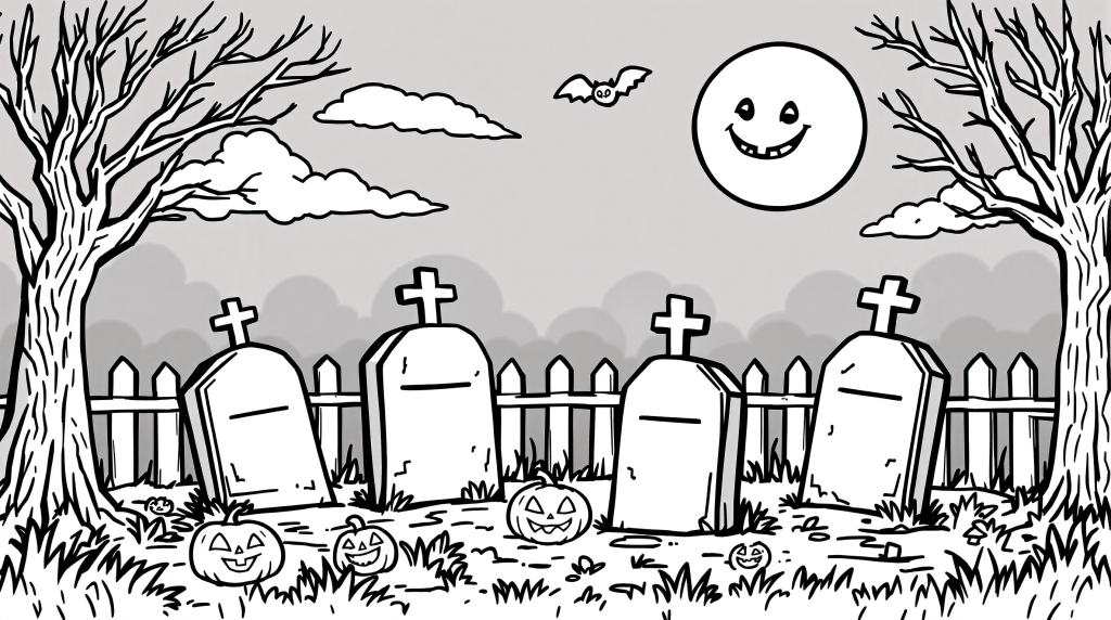ハロウィンの墓地の塗り絵 - 墓石、ジャック・オー・ランタン、フレンドリーなおばけ付き初心者向けぬりえ