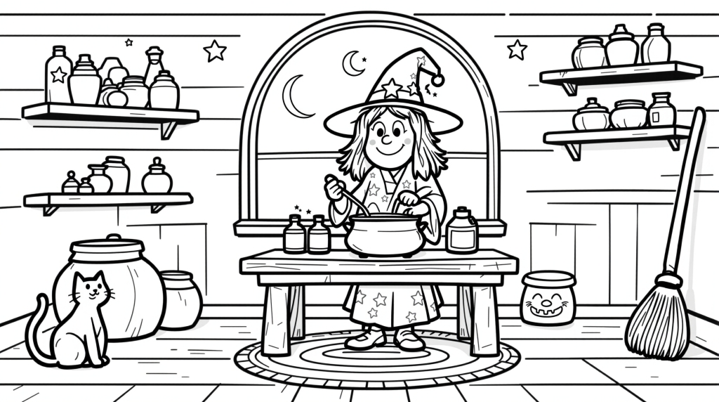 初心者向け魔女の塗り絵 - 魔法の調合室と居心地の良いインテリアデザイン