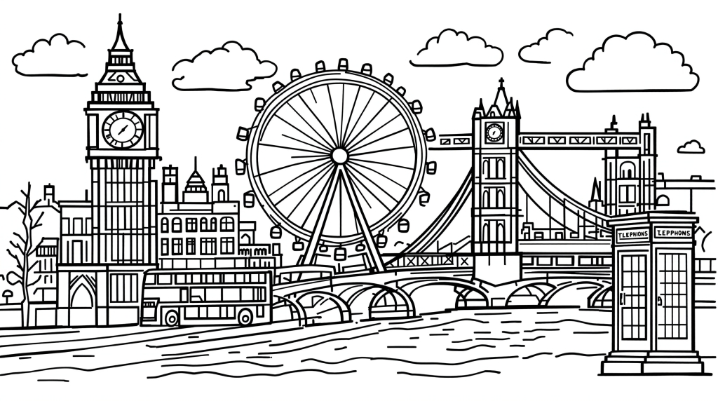 ビッグベン・ロンドンアイ・タワーブリッジを楽しめる初心者向けロンドン名所の塗り絵 - 赤い電話ボックスも収録したシンプルなレイアウト