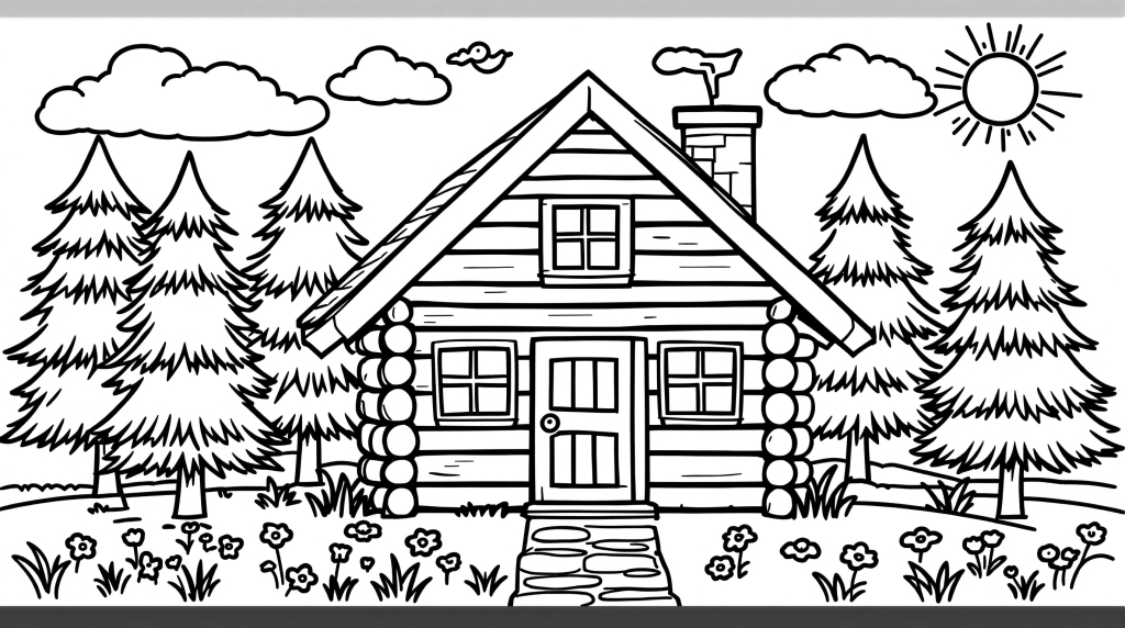 松の木と花に囲まれた居心地の良い森の隠れ家を描いた魅力的な丸太小屋の塗り絵ページ。