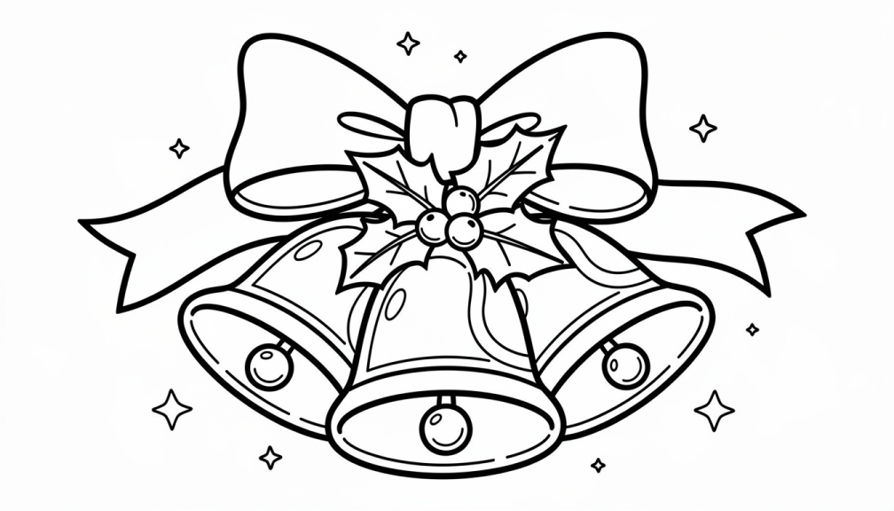 Un coloriage joyeux de clochettes de Noël présentant trois cloches festives attachées avec un nœud décoratif et des accents de houx.