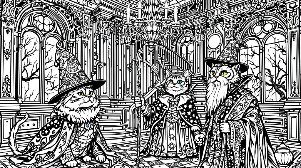 3匹の猫が魔法使いの衣装を着た豪華なホーンテッドマンション内装の大人の塗り絵 - ゴシック建築の細密デザイン