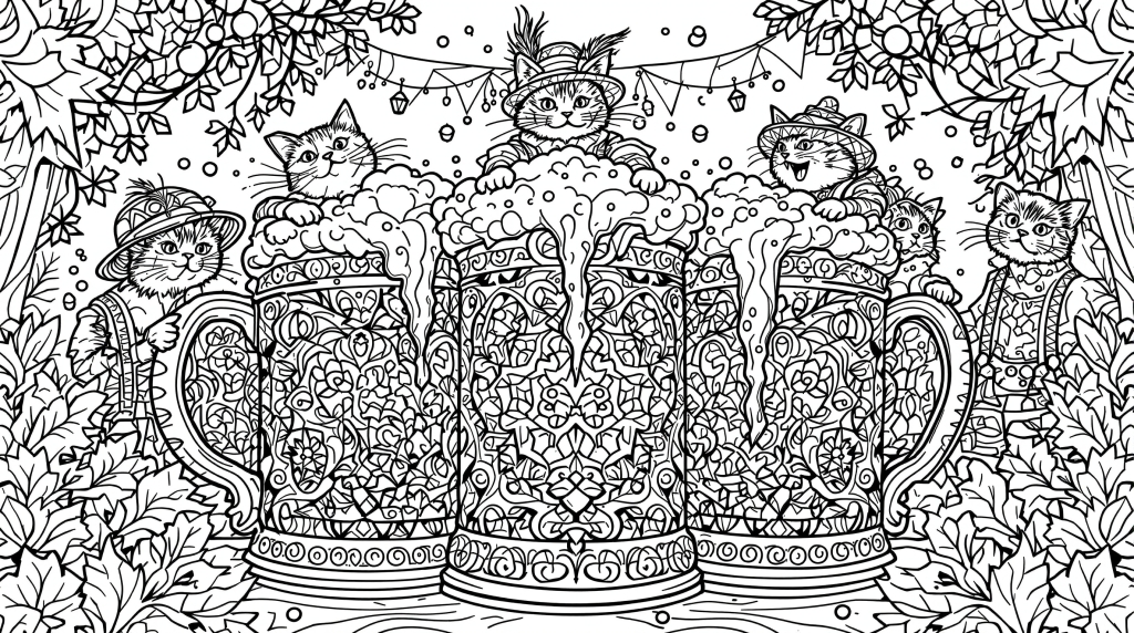 華やかなオクトーバーフェストの塗り絵 - 装飾的なビールジョッキの周りで踊る擬人化された猫と花のボーダー