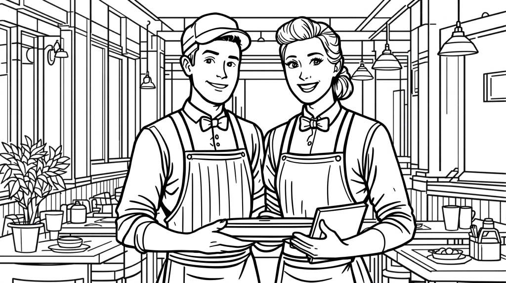 En detaljerad färgläggningssida med en manlig servitör och kvinnlig servitör i en modern restaurang.