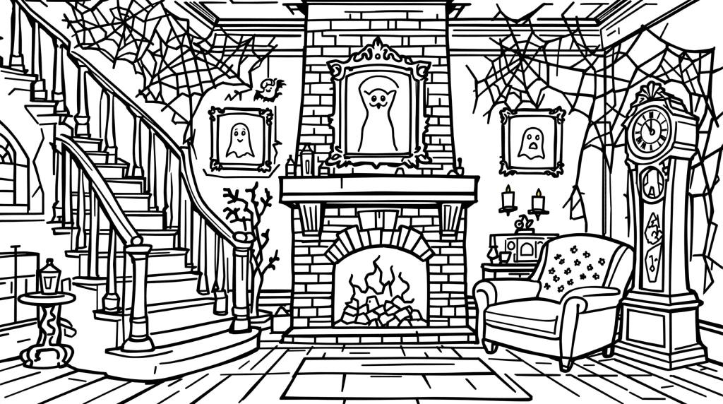 En charmerende farvelægningsside af et spøgelseshusets indre med trappe, pejs og uhyggelige dekorationer til børn.