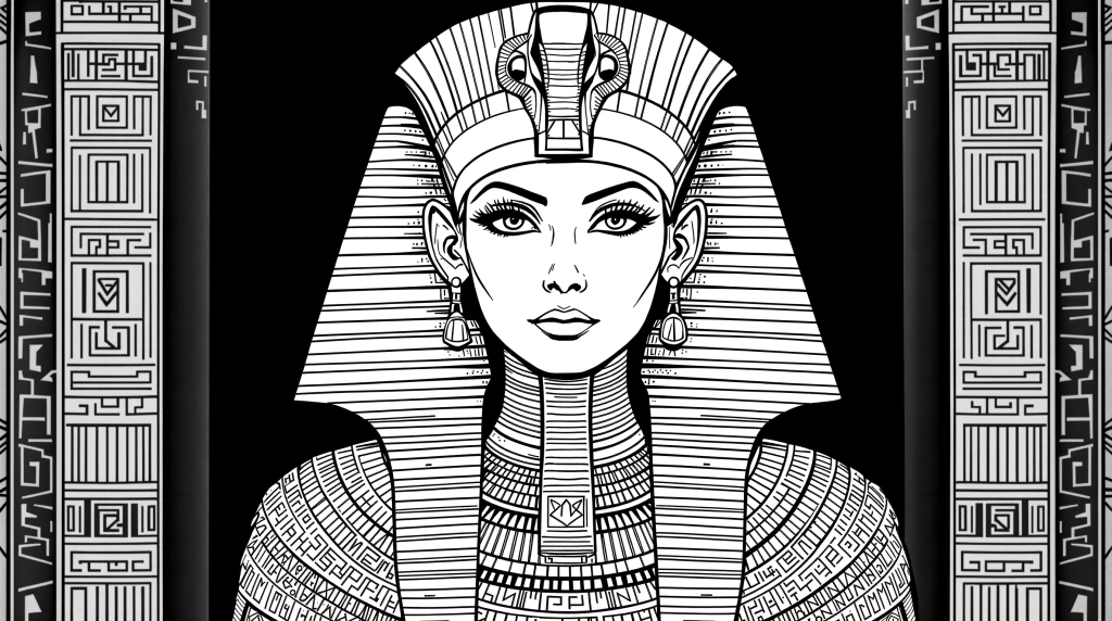 En elegant egyptisk drottning målarbok med intrikata kungliga regalia och geometriska mönster perfekt för vuxenmålning.