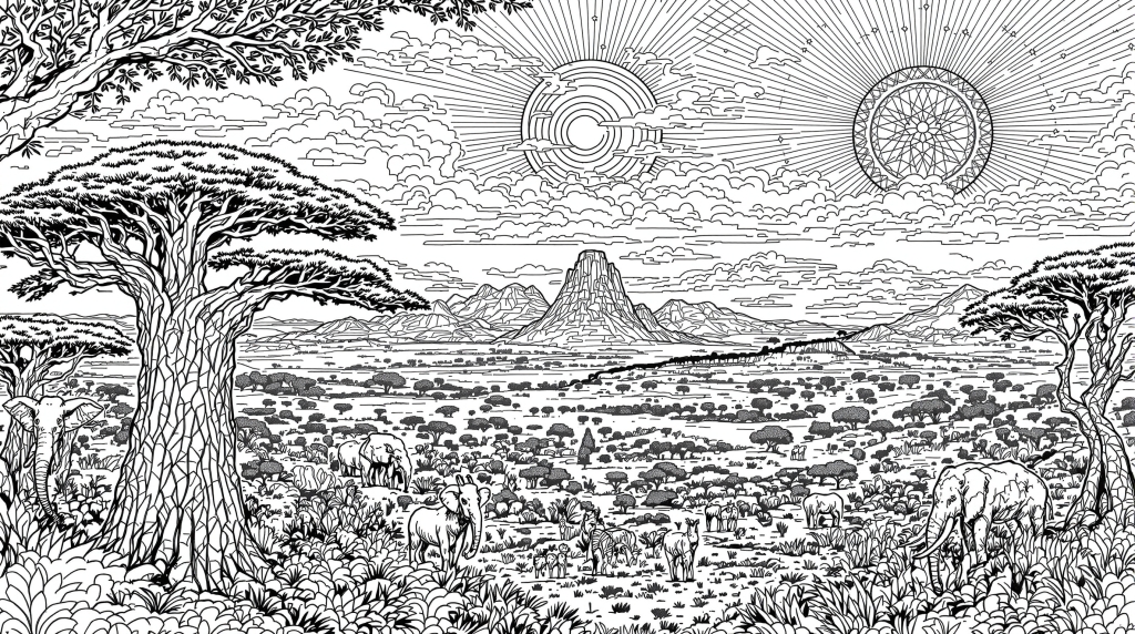 バオバブの木と野生動物が描かれた、アフリカのサバンナパノラマ風景の大人の塗り絵