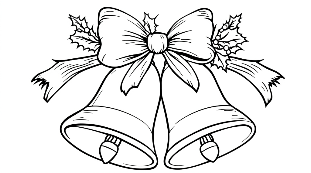 Świąteczna strona do kolorowania dzwonków bożonarodzeniowych z dwoma dzwoneczkami, ozdobną kokardą i gałązkami ostrokrzewu.