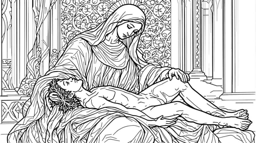 Une page de coloriage détaillée de la Pietà représentant la Vierge Marie berçant Jésus-Christ avec des éléments architecturaux Renaissance.