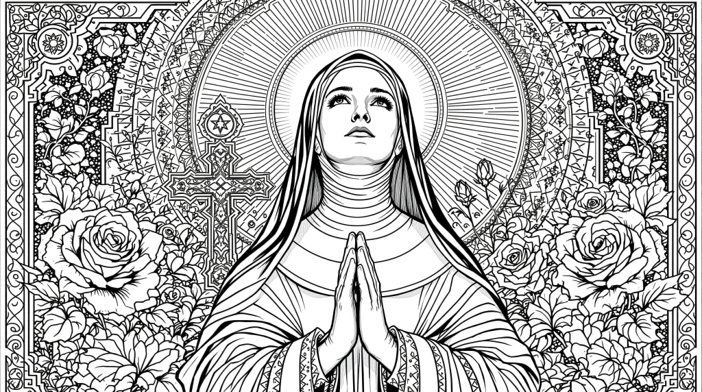 カッシアの聖リタ 大人の塗り絵 - バラと装飾十字架を配した精緻な宗教画モチーフ 縦型ポートレート