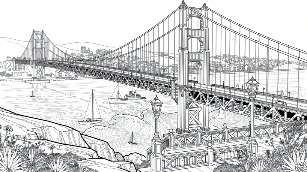 The Golden Gate Bridge towers over San Francisco Bay, viewed from a waterfront promenade.