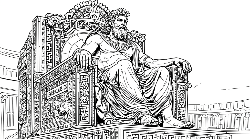 オリンピアのゼウス像の塗り絵 - 豪華な玉座と古代ギリシャ建築が描かれた緻密なぬりえページ